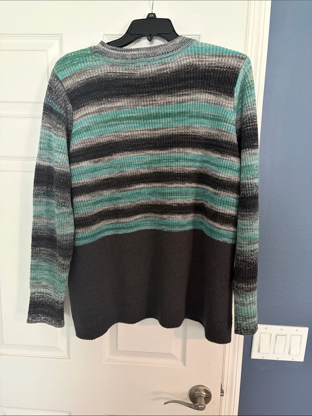 LOGO by Lori Goldstein Striped Crewneck Sweater in Teal and Gray